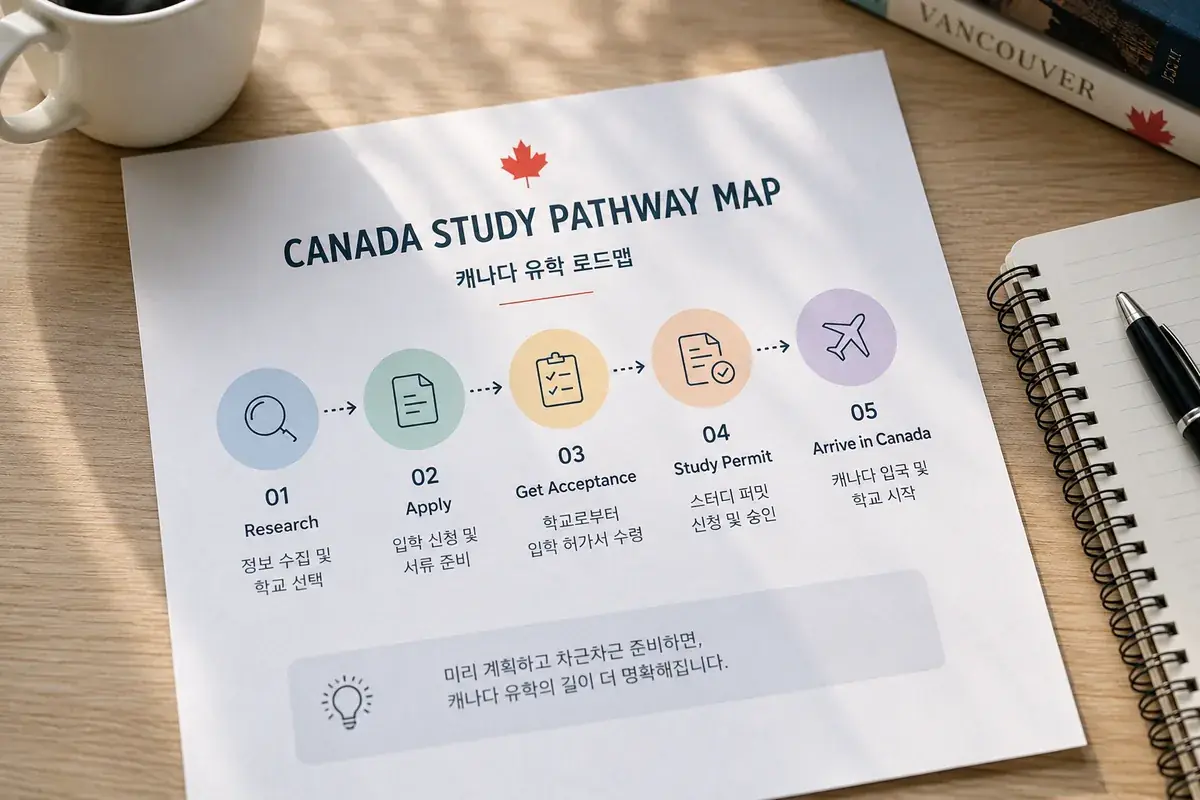 나무 책상 위에 놓인 유학 로드맵 안내문. Research, Apply, Get Acceptance, Study Permit, Arrive in Canada 5단계가 아이콘과 함께 그려져 있다.