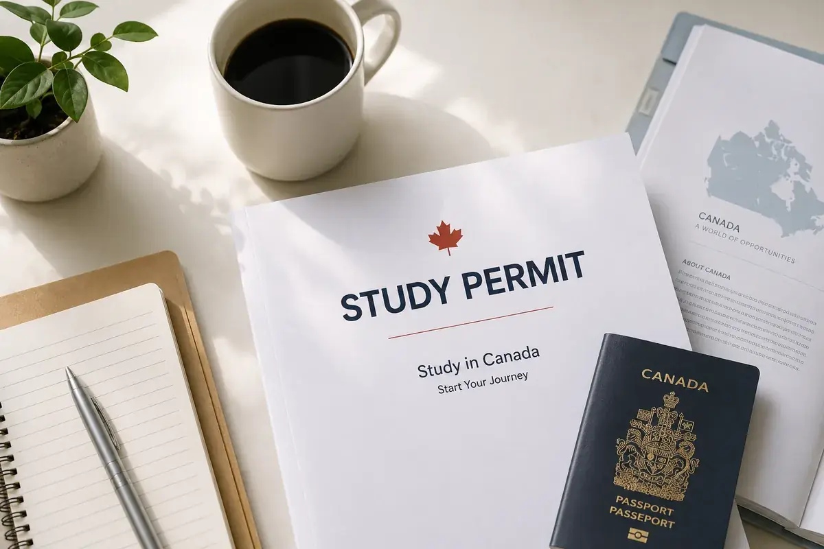 책상 위에 놓인 STUDY PERMIT 표지 문서와 캐나다 여권, 커피잔.